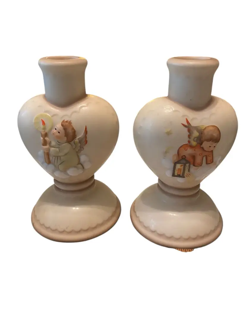 Pair Goebel Hummel Candlesticks Guiding Angels Christmas Heart Shaped 1996 #3013