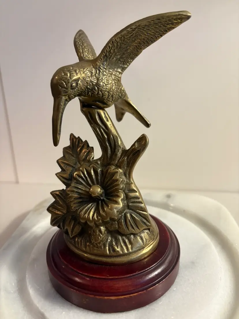 Vintage Brass 6.5" Hummingbird + Flower Figurine on Wood Base
