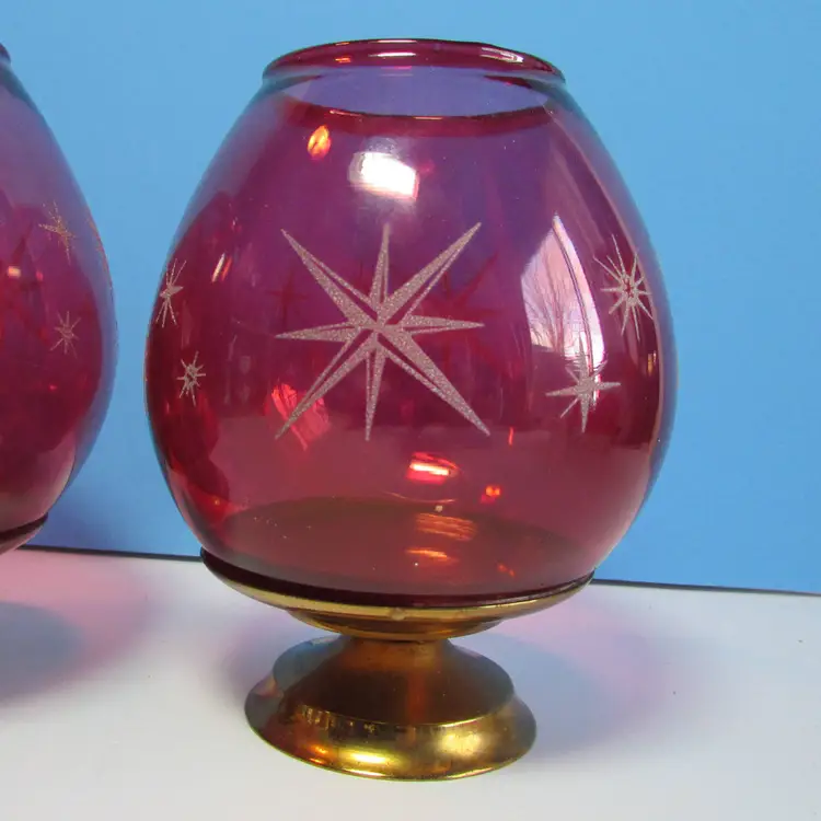 set of 2 vintage MCM starburst red glass candle holders Christmas decor been glued to base