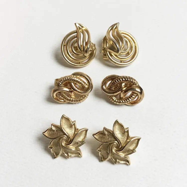 Vintage Gold Tone Crown Trifari Petal Swirl Floral Clip-On Earrings Lot of 3
