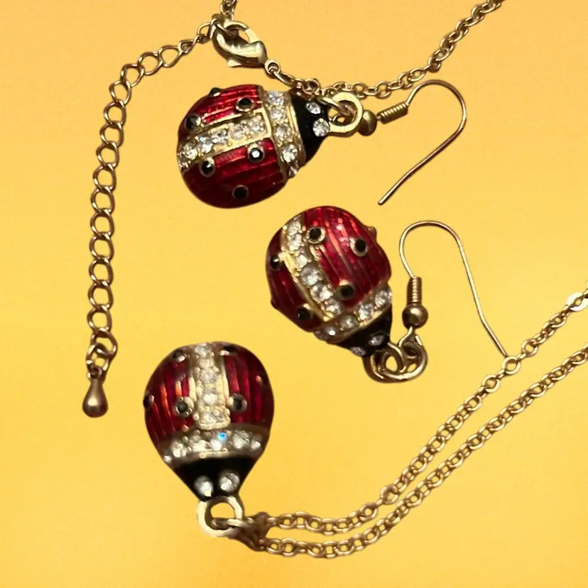 Ladybug Earrings & Necklace 16”+2” Extender