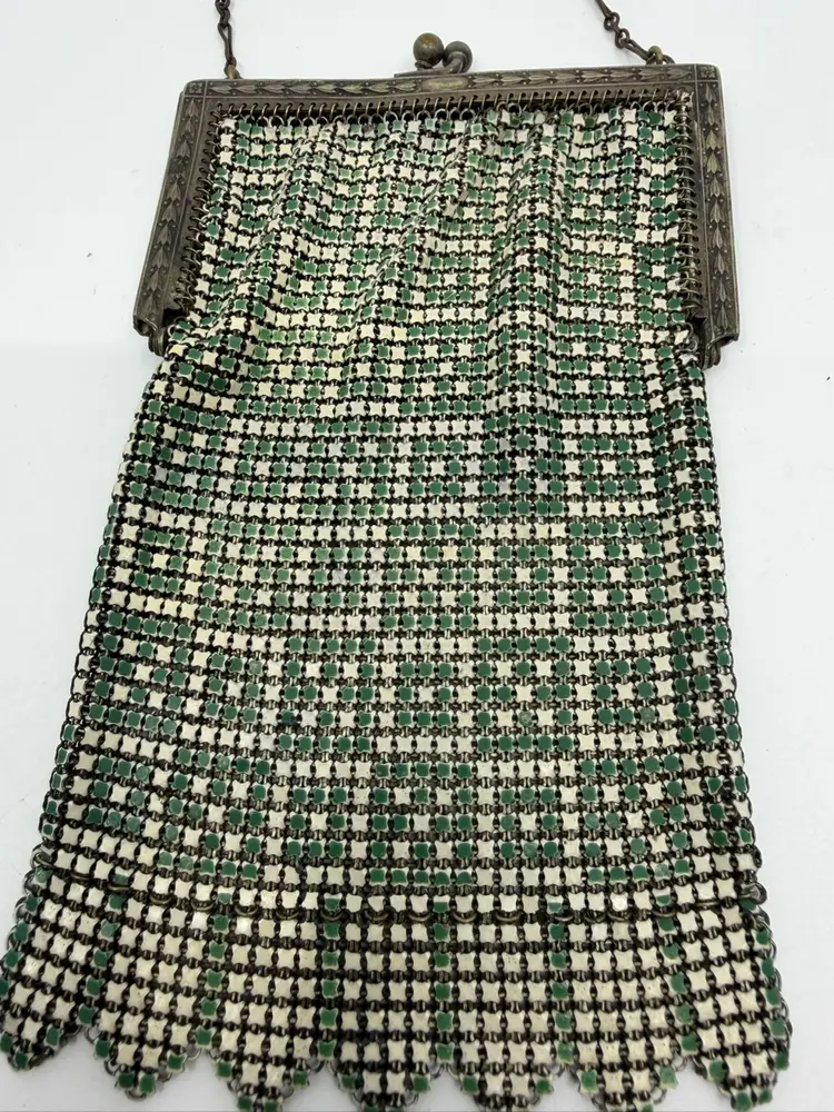 Antique Art Deco Enamel Mesh Purse Frame Kiss Closure Flapper Style