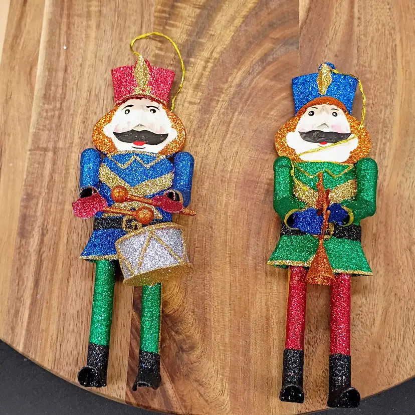 Pier 1 Metal and Glitter Sparkly Toy Soldier Set of 2 Ornaments Drummer & HornCirca1990's