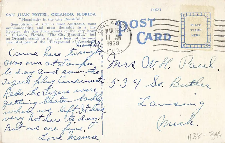 ORLANDO FLORIDA~SAN JUAN HOTEL~1938 ANTIQUE VINTAGE POSTCARD