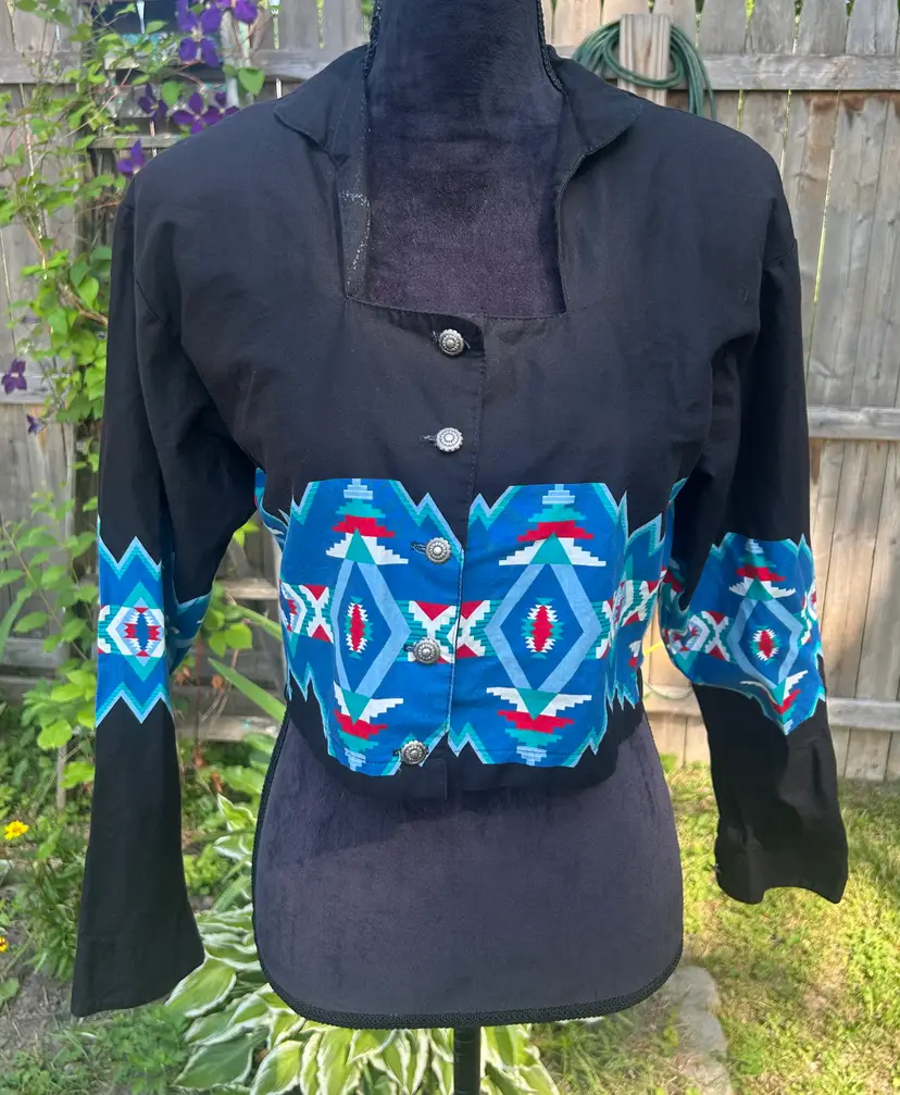 Vintage Brooks and Dunn Panhandle Slim Cropped Black & Blue Long Sleeve Western Shirt M/L