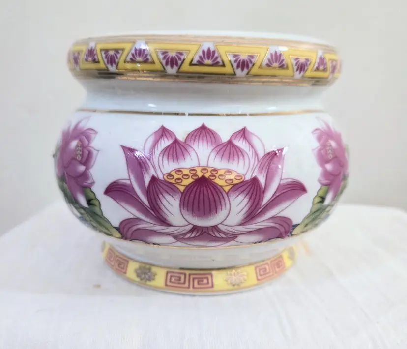Pink and Gold Lotus Incense Stove Porcealin - Marked. 5" round