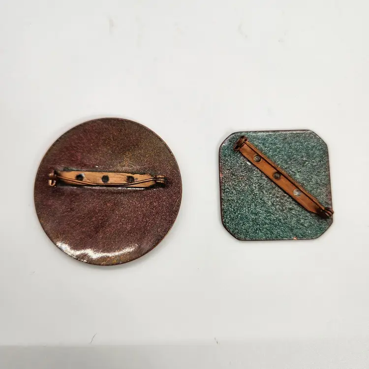 Two Large Copper Enamel Brooch Pins OOAK Circle & Octagon Shape w Smooth Finish Modernist Abstract Style Unmarked MCM + Box