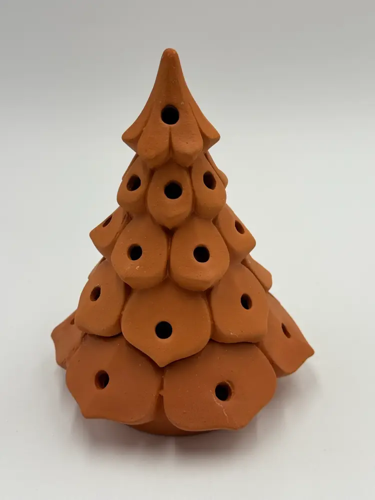 Vintage 7" Terracotta Christmas Tree Luminary Tealight Two Piece Made In Portugal
