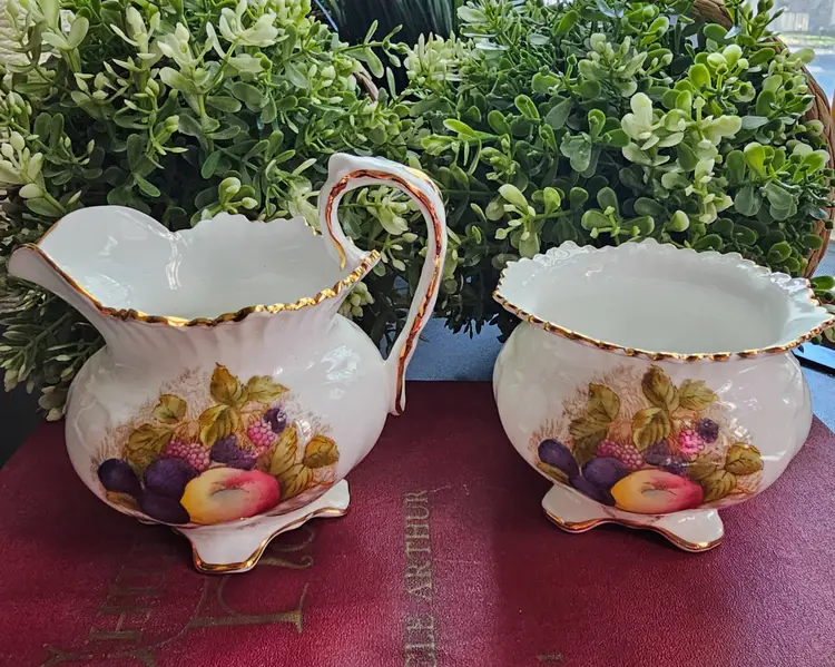 Aynsley England Bone China Creamer & Open Sugar Orchard Fruit Signed D. Jones
