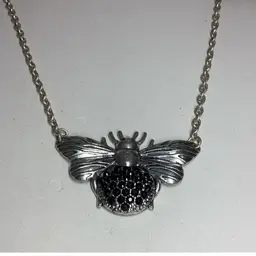 Bee Silvertone With Black Rhinestone Necklace 20”