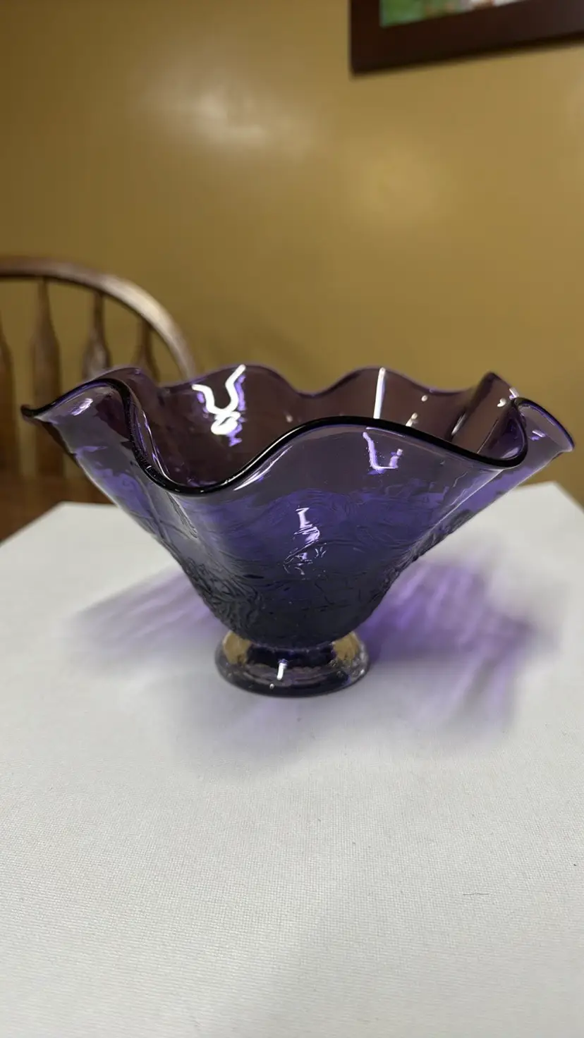 Hand Blown Art Glass Pedestal Bowl Purple Clear - 9" X 5.25" Signed