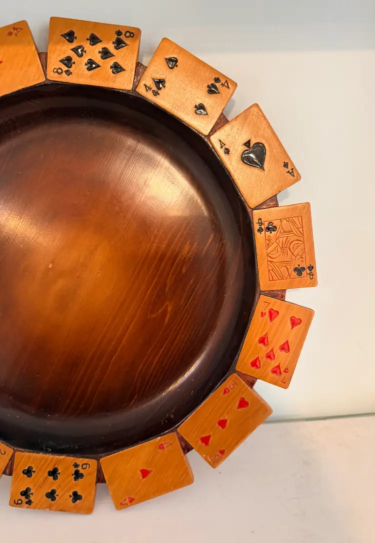 Rare Wood Serving Tray with Carved Hand Painted Playing Cards