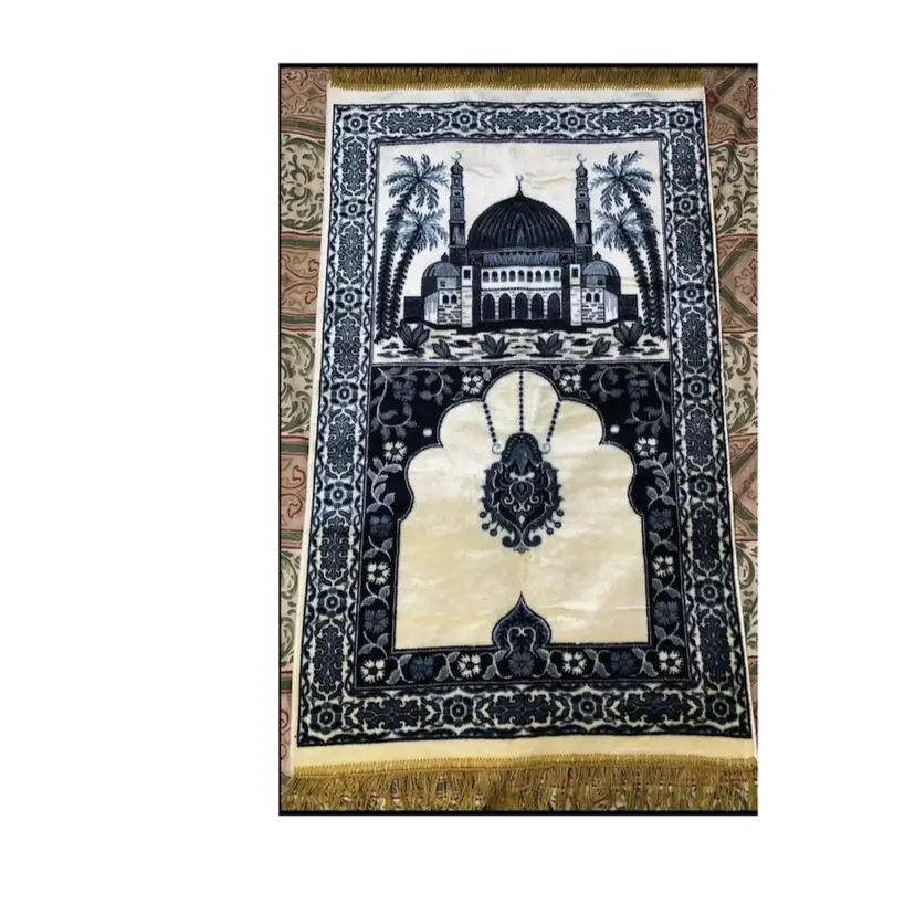 Turkish Prayer Rug Castle Blue & Cream Felt Vintage 42.5”x25.5”