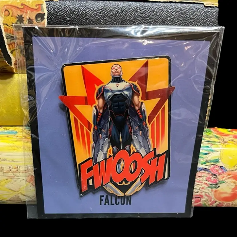 MARKDOWN! Marvel Gear+Goods Falcon "Fwoosh" Pin Button - 2019 Loot Crate Presents Hat Backpack Lapel NIP, Pin Measures ~2.25x3”