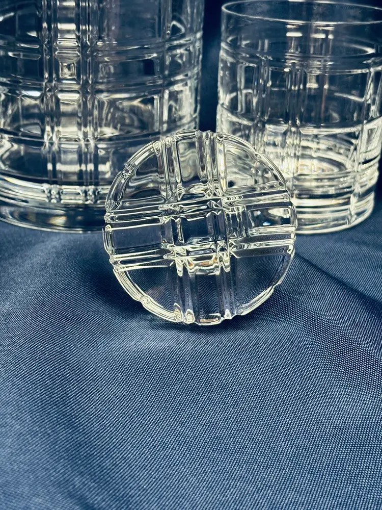 NIB Vintage Ralph Lauren Hudson Plaid Crystal Decanter & Two Glass Set