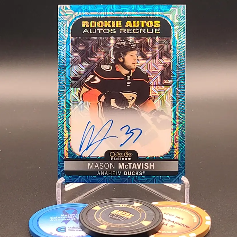 Mason McTavish Rookie 2021-22 Upper Deck O-Pee-Chee Platinum Blue Traxx Autograph Parallel Card #R-MM - Anaheim Ducks Hockey Card