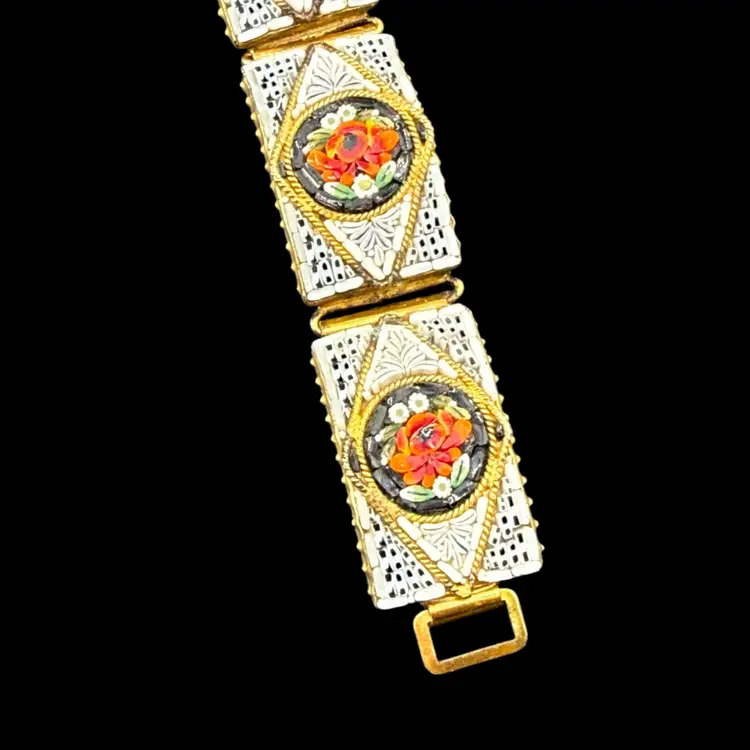 Large Rectangular Panel Micro Mosaic Floral Gold Tone Diamond Circle Blood Orange Cabbage Rose Italy