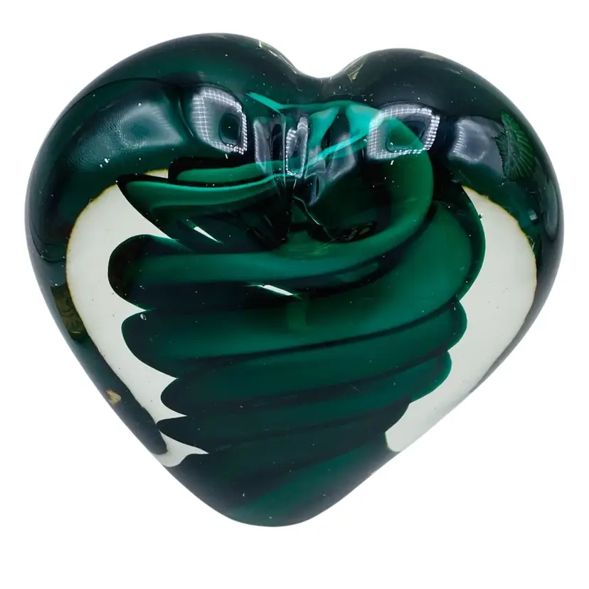 Art Glass Paperweight Heart Shape Green Swirl Shimmery
