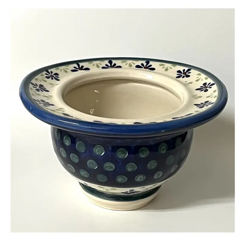 Boleslawiec Poland Floral Hand Made Ceramic Blue White Polish Pottery Oval Top Bowl 3.5 in Height