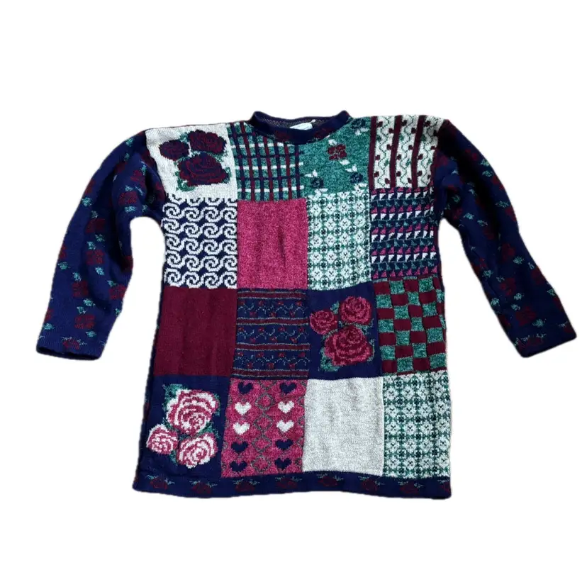 Vintage Patchwork Floral Sweater Size Small Oversized Boho Granny Cottage Core