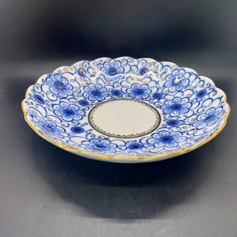 Vtg Lomonosov USSR Winding Twig Bindweed Blue Gold Cake Plate Bowl Serving Dish