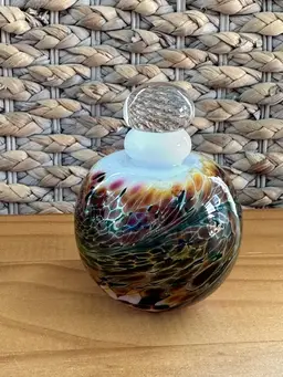 Vintage 1988 MAYTUM Studio Art Glass Perfume Bottle Multicolor w/ Clear Stopper