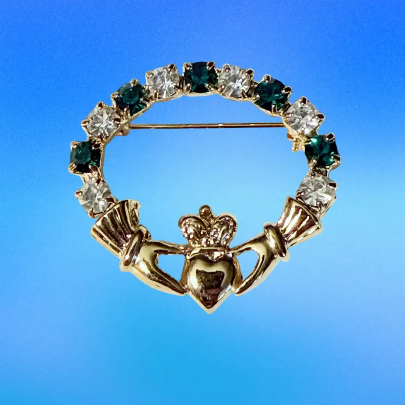 Vintage Green & Clear Rhinestone Irish Claddaugh Goldtone Brooch