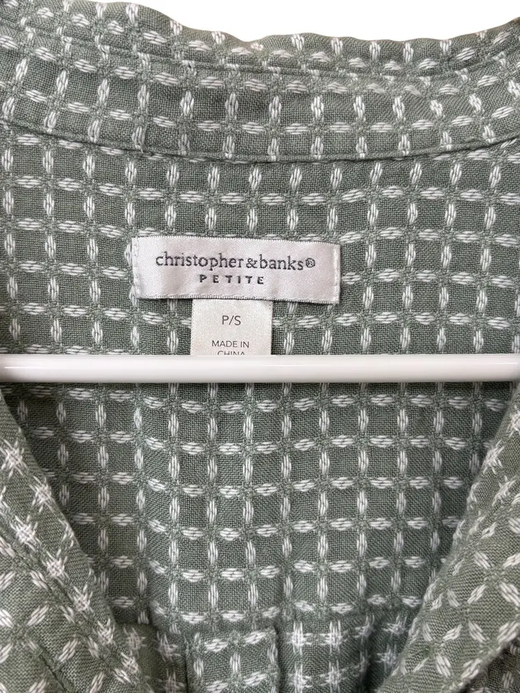 Christopher And Banks Petite Green White Square Button Down Back Long Sleeve Top Size PSmall