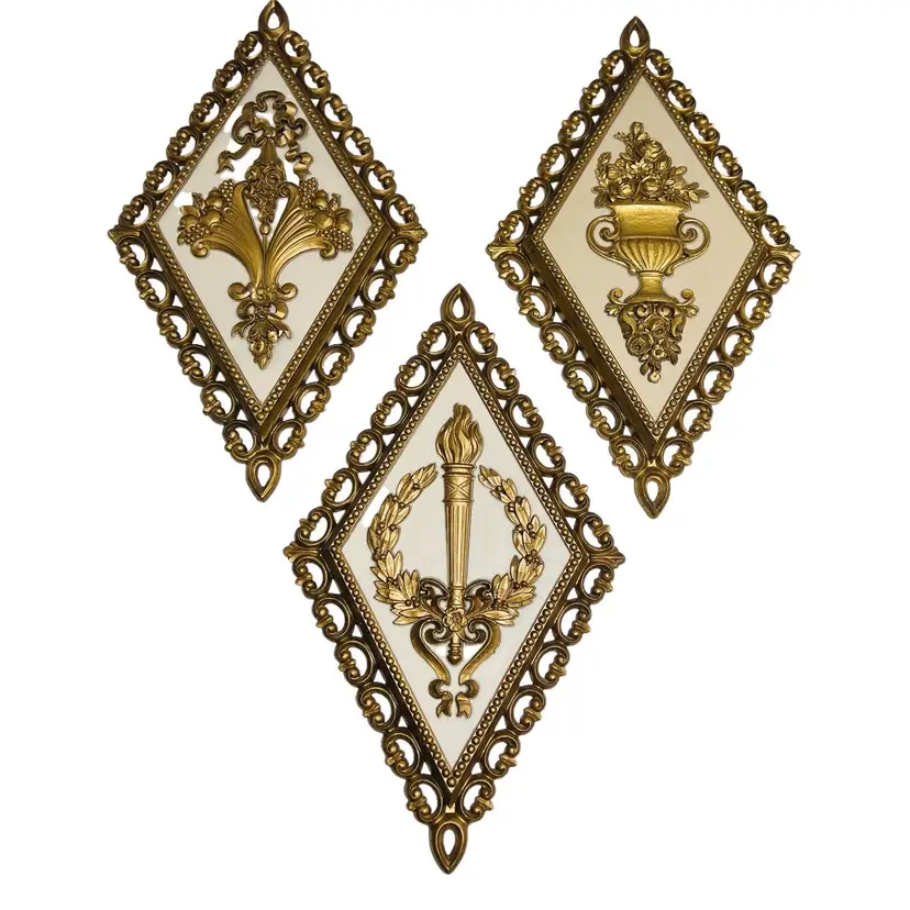 Homco Retro Plaques Wall Gold 14" Tall Plastic SYROCO Burwood-Style Set of 3
