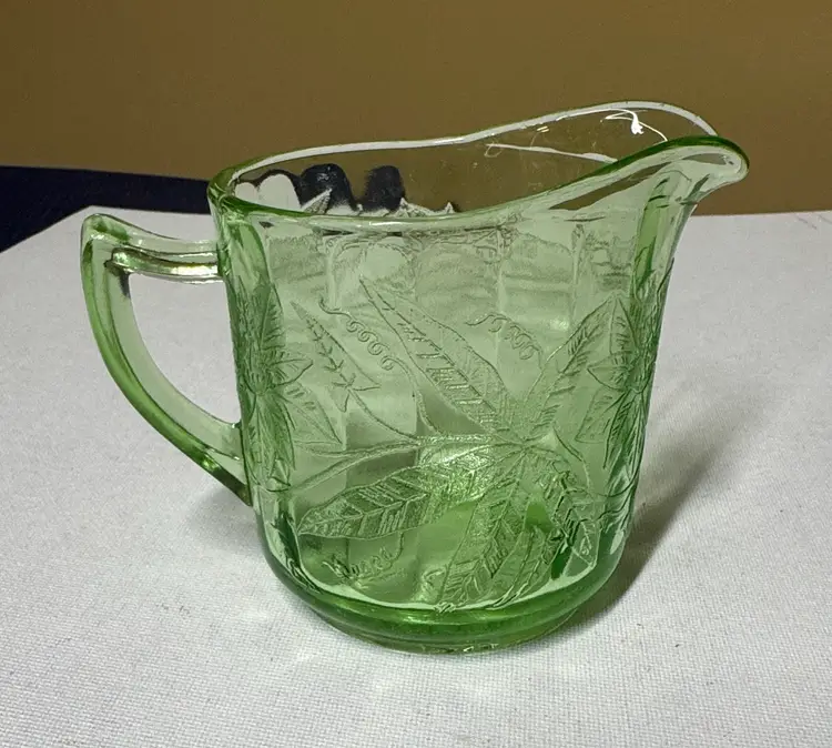 Jeannette Green Uranium Glass "Floral, Poinsettia" Depression Era Creamer 3.5”