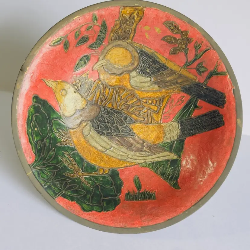 #1202 Vintage Brass Enamel Dish, Bowl, Two Birds, Pedestal See PICTs For 3 Small Chips 7x2.5”