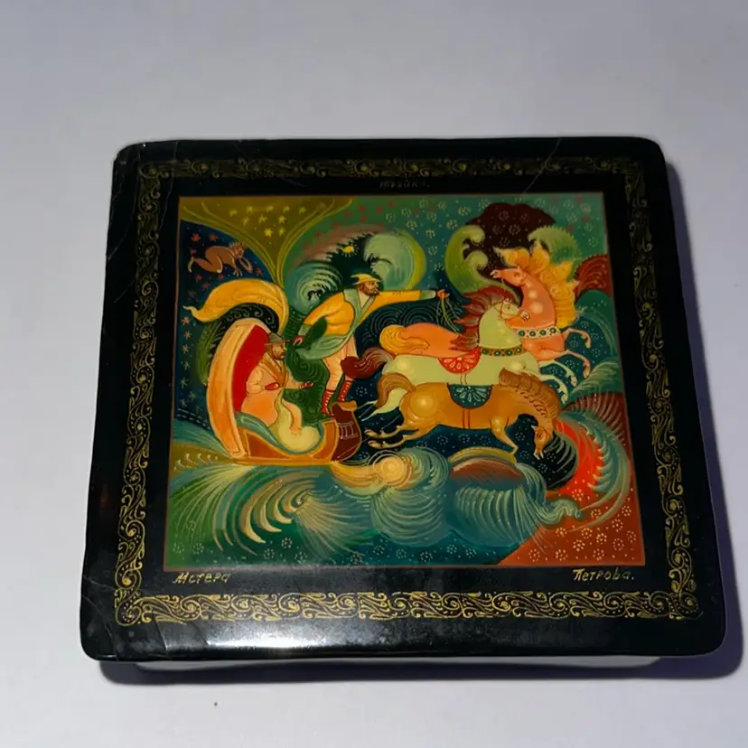horses pulling  Era Russian Lacquer Box Good Condition And Signed