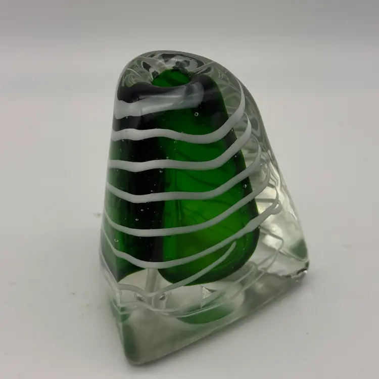 Art Glass Triangular Green & White Swirled Paperweight With Pen Holder