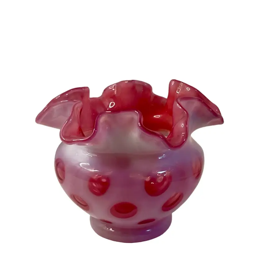 Fenton Vase Cranberry Coin Dot Double Crimped Ruffle Edge READ
3-3/4” T x 4-1/4” W
