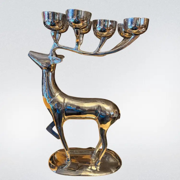 Vintage Brass Reindeer 8 Antler Candle Holder Candelabra 13.5” Tall