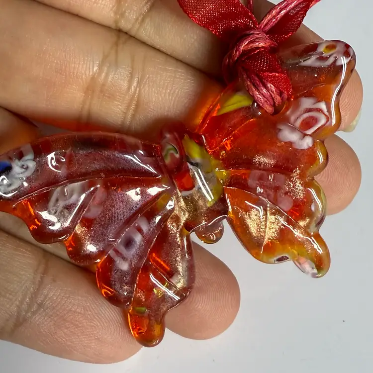 Orange Glass Butterfly On Fabric Necklace 18”