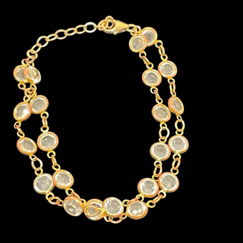 020 Glass, Bezel Set Faceted Gold Tone Chain Bracelet 6 1/2 To 8 1/4 Adjustable