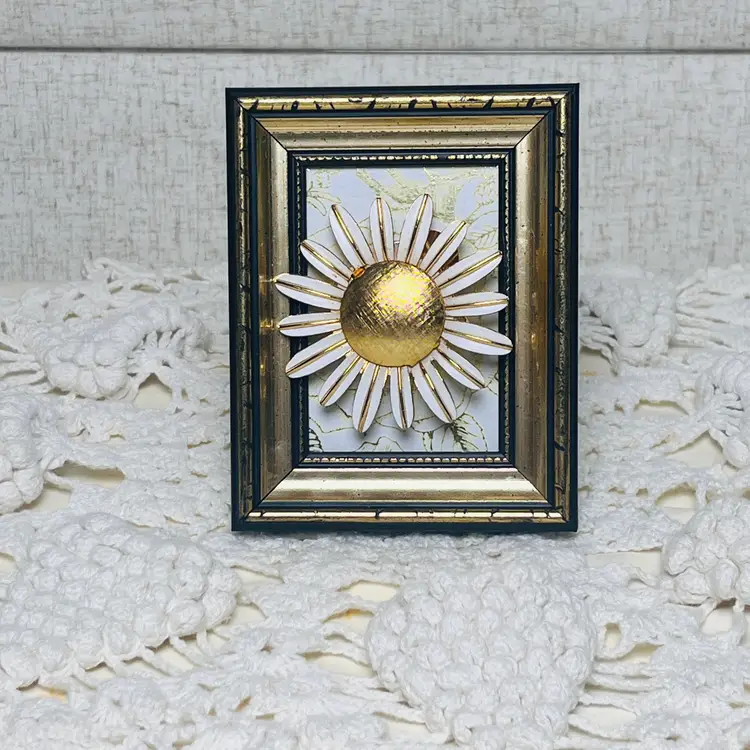 Vintage Daisy Brooch Wall Art - Wearable Enamel Flower Pin in Ornate Gold Frame