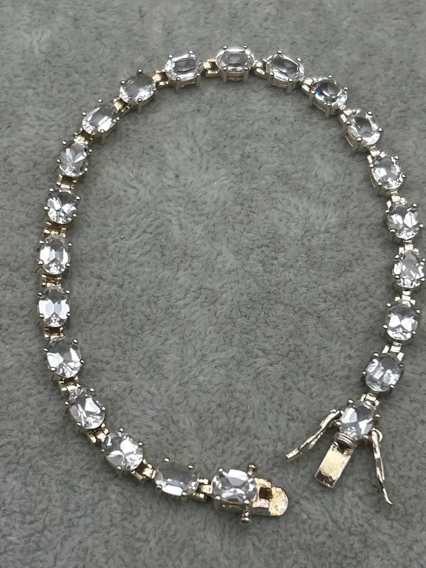Promise * Vintage 925 Sterling Silver White Topaz Tennis Bracelet – 8” Oval Faceted Stones