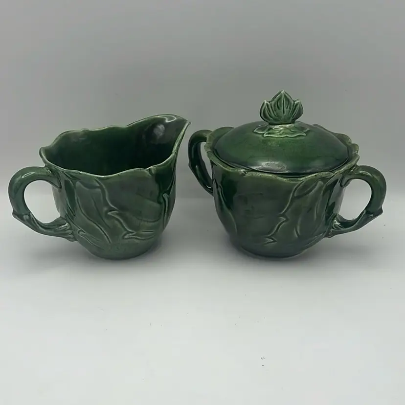 Vintage Lettuce Wate Creamer And Sugar Bowl With Lid