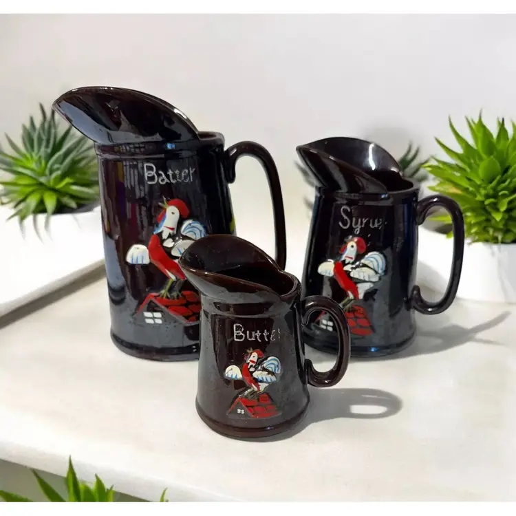 Vtg Redware Rooster Pitcher Breakfast Batter Syrup Butter Farmhouse Set of 3
