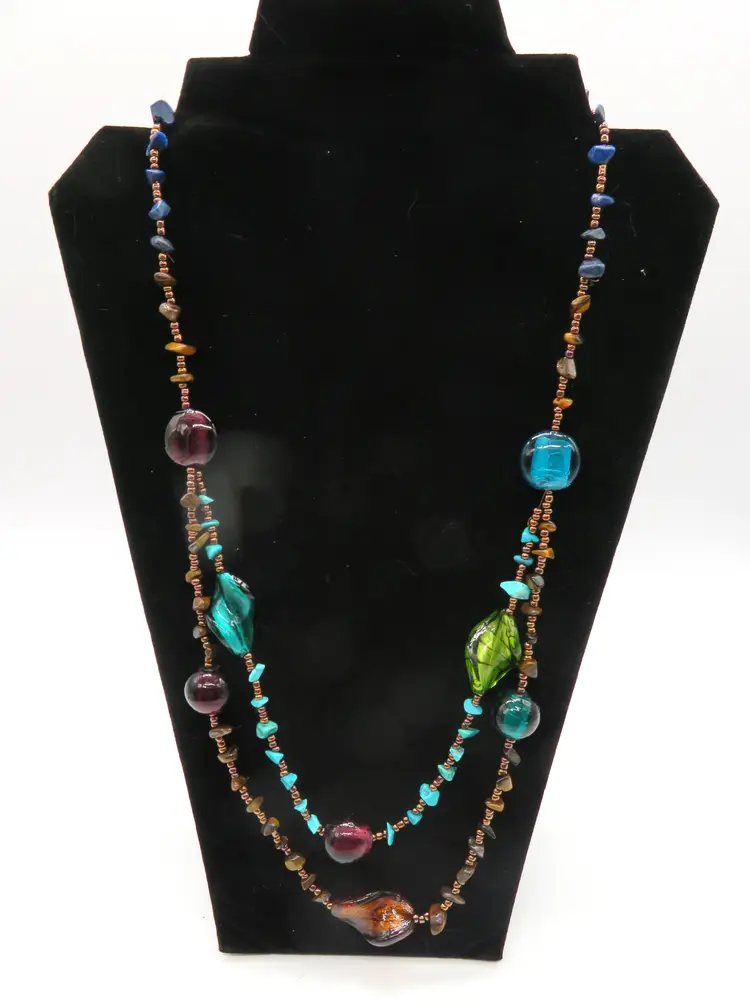 Vintage Hand-Blown Glass Beaded Necklace with copper turquoise color beads 13" long
