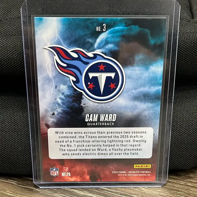 Cam Ward rookie card from the 2025 Panini Absolute set, By Storm