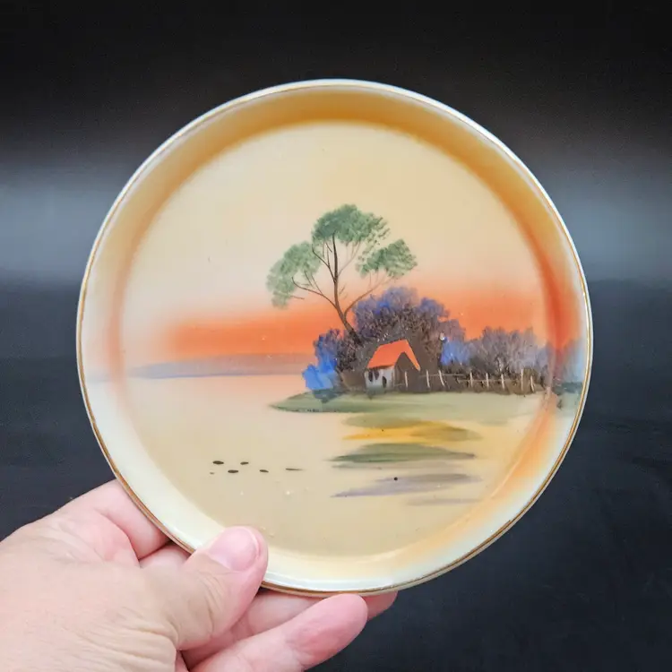 Nippon Hand-painted Sunset Landscape Porcelain Dish Plate Japan Vintage