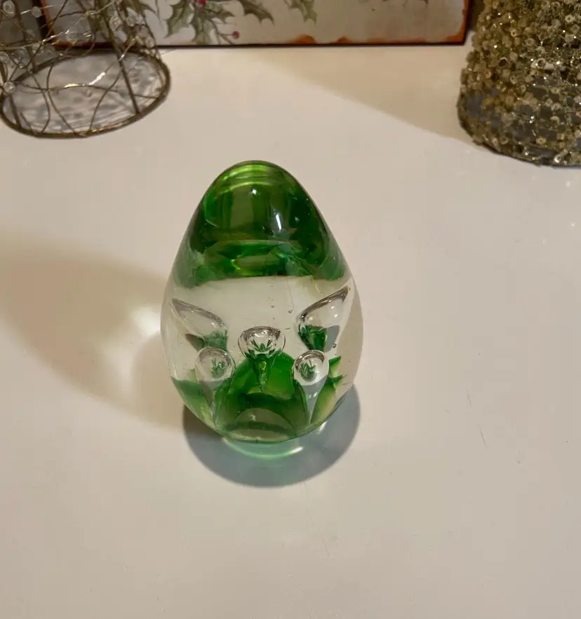 Vintage Green Floral Art Glass Paperweight with Controlled Bubble Mid Century Modern Retro Art Deco CottageCore