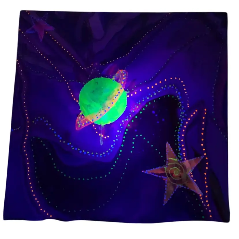 15  “Fathom : Celestial Vibes Radical Creativity” Part Of 100 Days of Wonder Pour Mixed Media Acrylic Painting On 20” By 20” Stretched Canvas Featuring Saturn 🪐 And Two Pink Hearts. Very UV Reactive