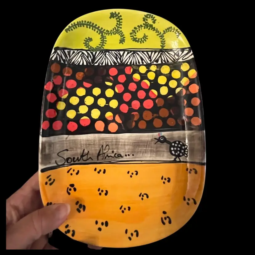 24. Vibrant Hand- Painted-  South African Pottery - With Guinea Fowl- Signed By Artist. - 10.5” x 7.25”