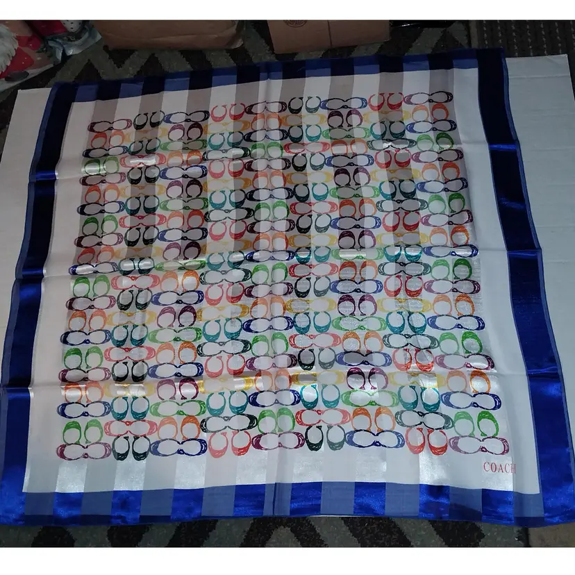 Vintage Large 37" Sq. Multicolor COACH Logo Shadow Stripe Silk Scarf, BLUE TRIM