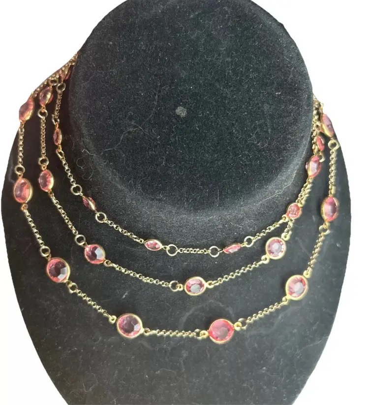 Coldwater Creek Bezel Set Pink Glass Stone 3 Strand Necklace Moonglow