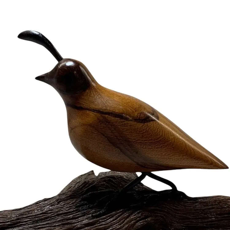 Hand Carved Signed Wooden Quail On Wood